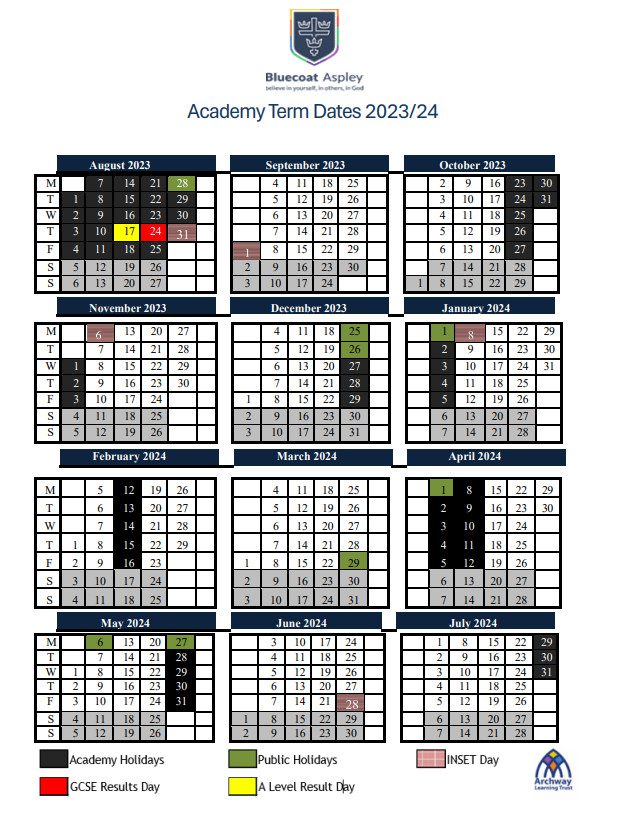 Term Dates Bluecoat Aspley Academy